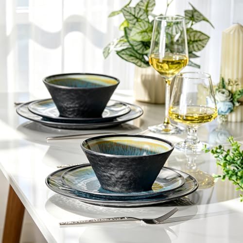 Melamine Dinnerware Sets, 12 Pcs Plates and Bowls for 4, Blue and Black