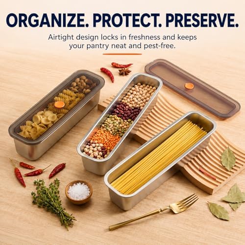 3pcs Stainless Steel Pasta Storage Containers Set with Labels and Marker, Stainless Steel Spaghetti Canisters for Pasta organizer,. Upgraded Airtight Food Containers 1.4L