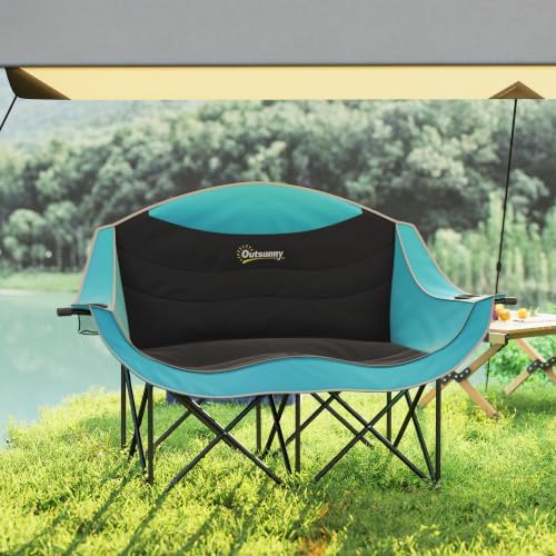 Outsunny Double Camping Chair for Adults, Padded Folding Camp Chair for 2 Person with Armrest, Wine Glass Holder, Cup Holder, Carry Bag for Outdoor Sports, Picnics, Supports up to 552 lbs.