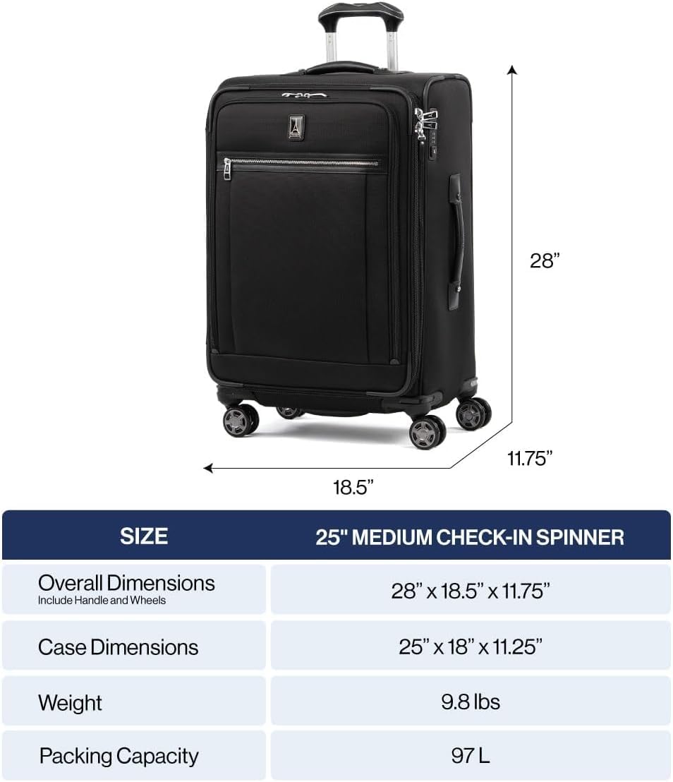 Travelpro Platinum Elite Softside Expandable Checked Luggage, 8 Wheel Spinner Suitcase, TSA Lock, Men and Women, Dark Blue, Checked Medium 25-Inch