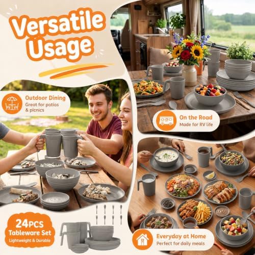 Wrova Modern Plates and Bowls Sets, 24PCS Wheat Straw Dinnerware Sets for 4