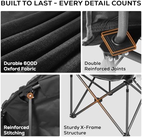 Romswi 2Pcs Oversized XL Padded Camping Chair for Adults, 500lbs Support Heavy-Duty Padded Folding Chair with Side Pocket Cup Holder, Wide&Thick, for Outdoor,Black