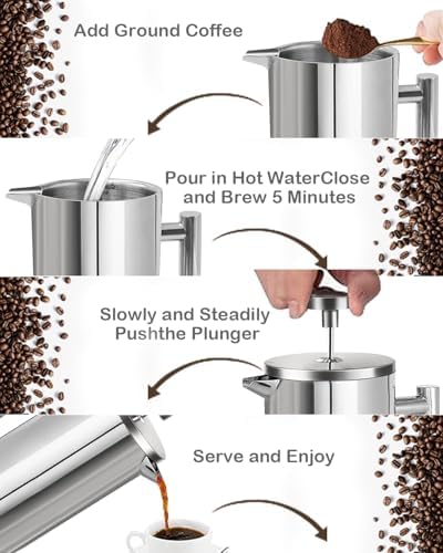 French Press Coffee Maker, Stainless Steel, Silver, 17 OZ