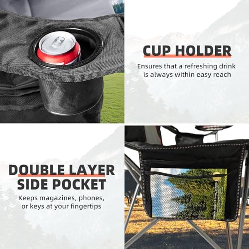 2 Pack Folding Camping Chairs for Adults - High Back Padded Outdoor Lawn Chairs with Lumbar Support & Cup Holder, 400lbs Heavy Duty Portable Camping Chairs Set (Black & Light Gray)