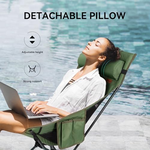 High Back Camping Chair for Adults, Folding Chair Supports 440 lbs, Lightweight Portable Backpacking Chair with Adjustable Pillow for Hiking & Camping