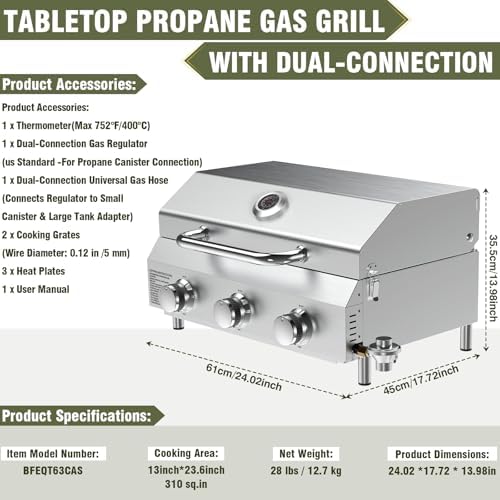 Bestfire 3-Burner Tabletop Propane Gas Grill with Dual Connections, 30,000 BTU Portable Propane Grill Fits Large Cylinders & Small Canisters, Knobs, Compact Design for Camping, RV, BBQ