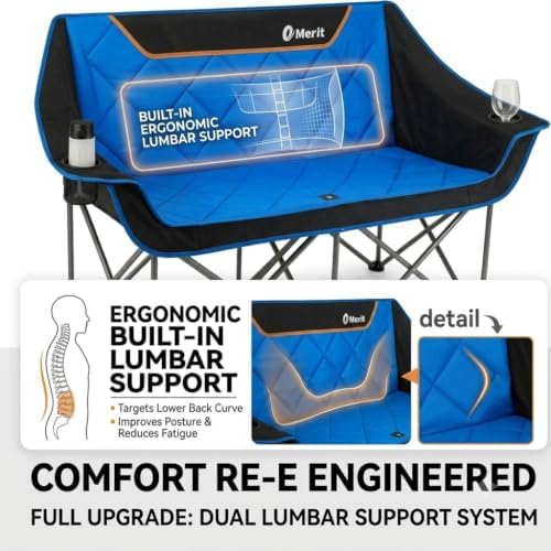 EMERIT Oversized Fully Padded Camping Chair, Heavy Duty 650LB Folding Camping Loveseat, Quad Fold Double Camping Couch with Cup Holders & Carry Bag for Outdoor, Lawn, Sports Events Blue