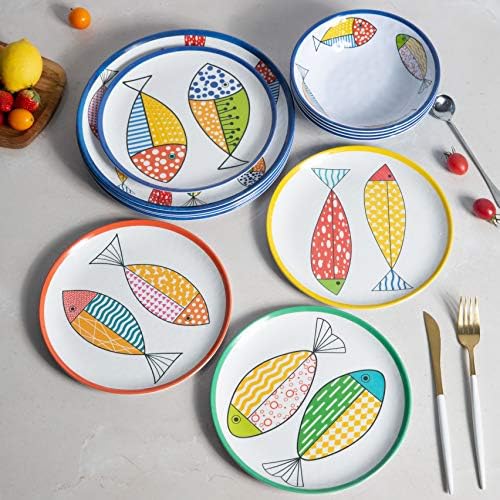 Melamine Dinnerware Set for 4,12PCS Fish Plates and Bowls Sets