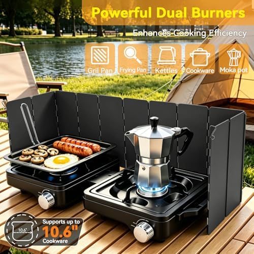 2 Burner Folding Camping Stove, 24000 BTU Propane Camp Stove with Windshield, Adjustable Burners Gas Stove with Frying Pan, Coffee Stand, Carry Bag for Camping, RV, Tailgating, Outdoor Picnic, Black