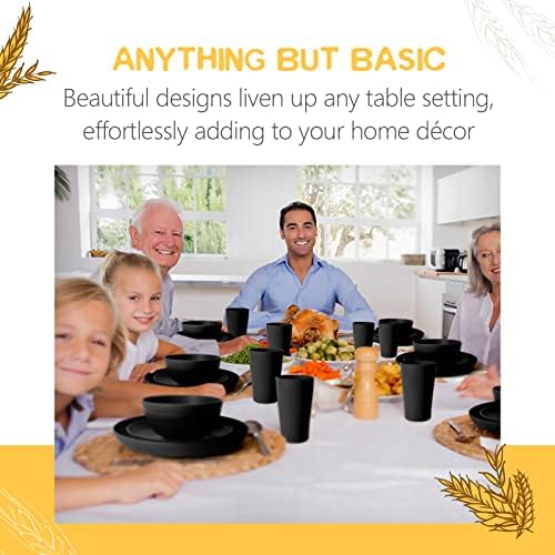 Teivio 16-Piece Kitchen Plastic Wheat Straw Dinnerware Set, Service for 4, Dinner Plates, Dessert Plate, Cereal Bowls, Cups, Unbreakable Plastic Outdoor Camping Dishes, Black Matte