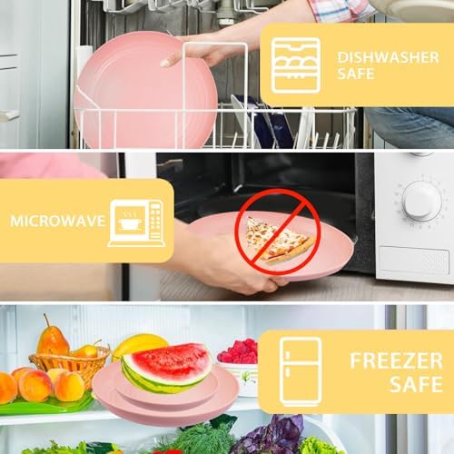 Supernal 32Pcs Pink Plates and Bowls Sets for 8, Unbreakable Dinnerware