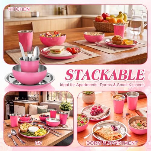 Jinei 24 Pcs Stainless Steel Camping Dinnerware Set for 4,Pink