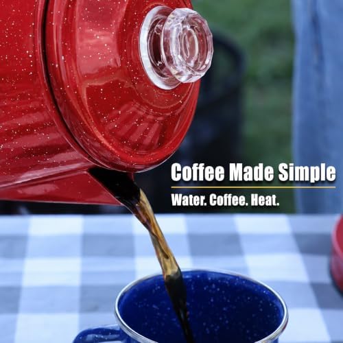 WILD Deluxe Camping Percolator Coffee Pot - Glazed Enamel Finish - Stainless Steel Internal Components - Hanging Handle - Clearview Glass Top - 10 Cups