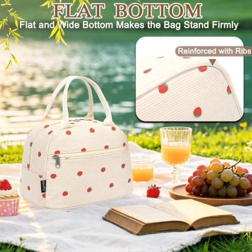 FlowFly Insulated Lunch Bag for Women – Corduroy Lunch Tote Box, Cute Cooler Bag for Work, Travel, Picnic, Corduroy Strawberries Beige