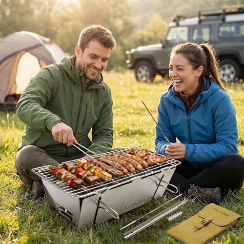 13 x 7 Inches Small Portable Charcoal BBQ Grill with 15 Metal Skewers