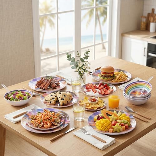 12-Piece Melamine Plates and Bowls Set, Beach Sunset Dinnerware Set