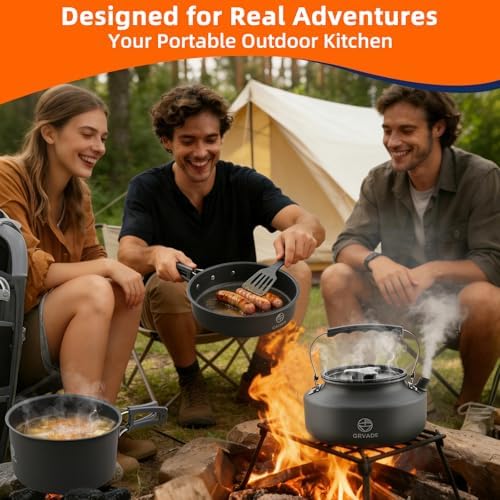 Camping Cookware Set 17 pcs Camping Cooking 0.30G Kettle 0.45G Pot 7 in Pan and 2pcs Stainless Steel Cups Plates Forks Knives Spoons Bag for 1-2 People Backpacking Hiking Picnic