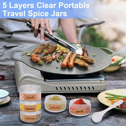 5 Layers Portable Travel Spice Jars with Label and Measuring Spoon, Multi Camping Spice Containers, Clear Small Spice Jars with Organizer Bag for Outdoor Cooking, Camping, Traveling,Barbecuing