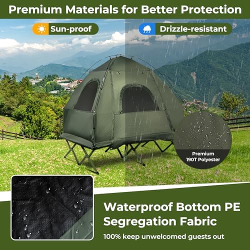 GYMAX Tent Cot, 5-in-1 Folding Camping Cot with Mattress & Pillows, Sleeping Bags, Sunshade, Camping Tent Elevated with Carrying Bag for Outdoor Hiking, Fishing, Picnic (2-Person)