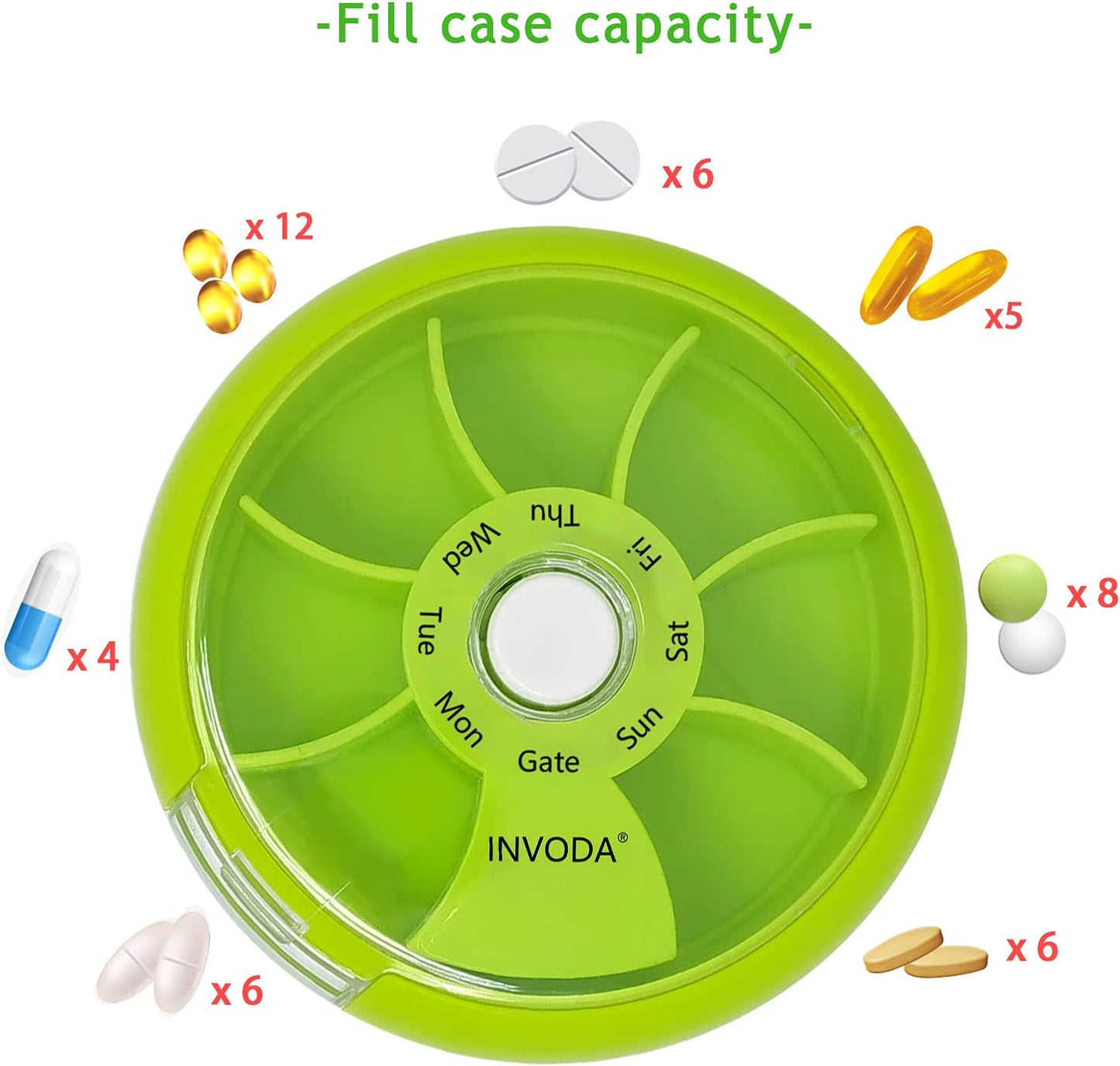 INVODA Weekly Pill Organizer 7 Compartment Rotating Pill Box for Daily Medication & Vitamins - Portable Travel Pill Case Fish Oil Supplements Vitamins Organizer (Orange)