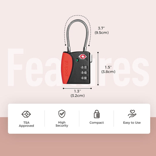 pack all TSA Approved Cable Luggage Locks, 3 Digit Combination Padlocks, Travel Lock for Suitcases & Bag, Alloy Body, Travel Accessories (4 Pack)(Red)