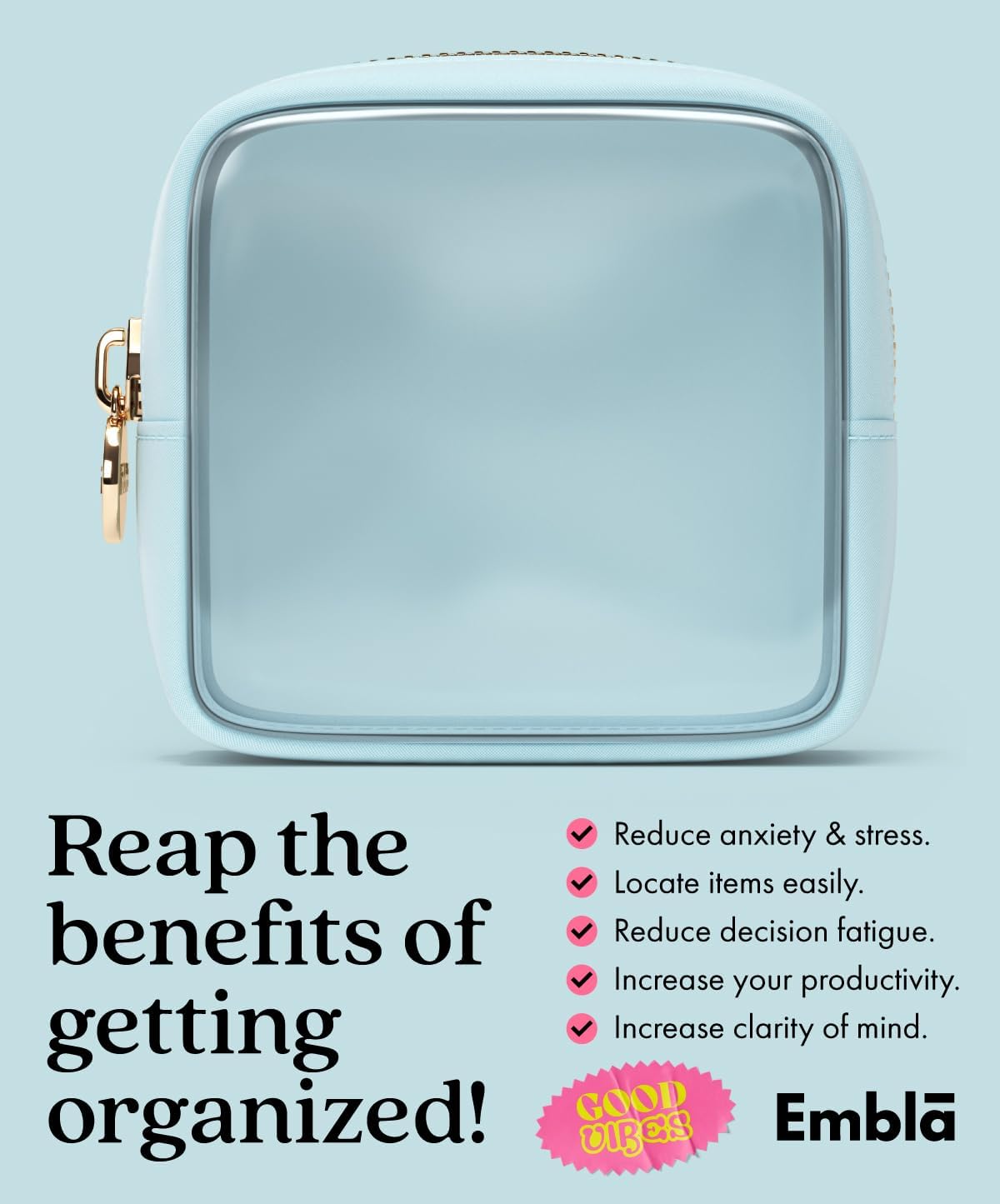 Embla Clear Makeup Bag Zipper Pouch, Transparent Cosmetic Case Organizer, TSA Approved Travel Toiletry Case, Travel Accessories Essentials Makeup Tote for Women, Mini Cute Make up Bag for Purse - Sky