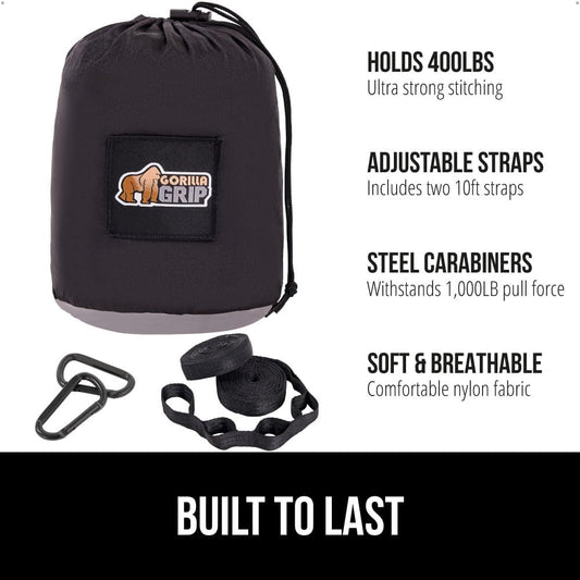 GORILLA GRIP Durable Portable Camping Hammock, Holds 400lbs with Heavy Duty Tree Straps, Comfortable Travel Swing, Camp Hammocks, Easy to Use and Install, Outdoor Essentials, Black, 9x4.5 FT