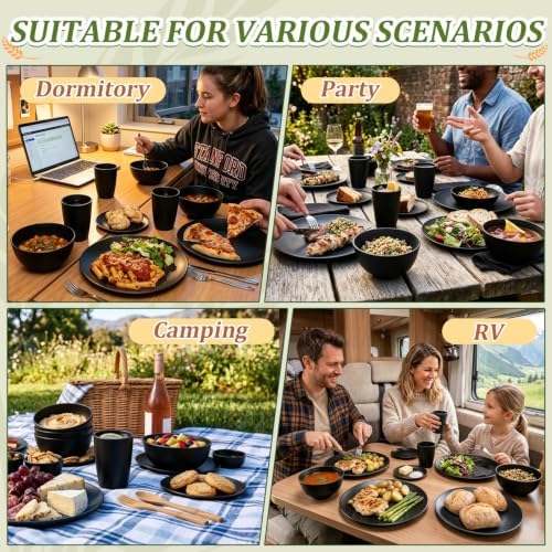 PYRMONT Black Dinnerware Sets 40 Pcs Wheat Straw Camping Dishes Set for 8