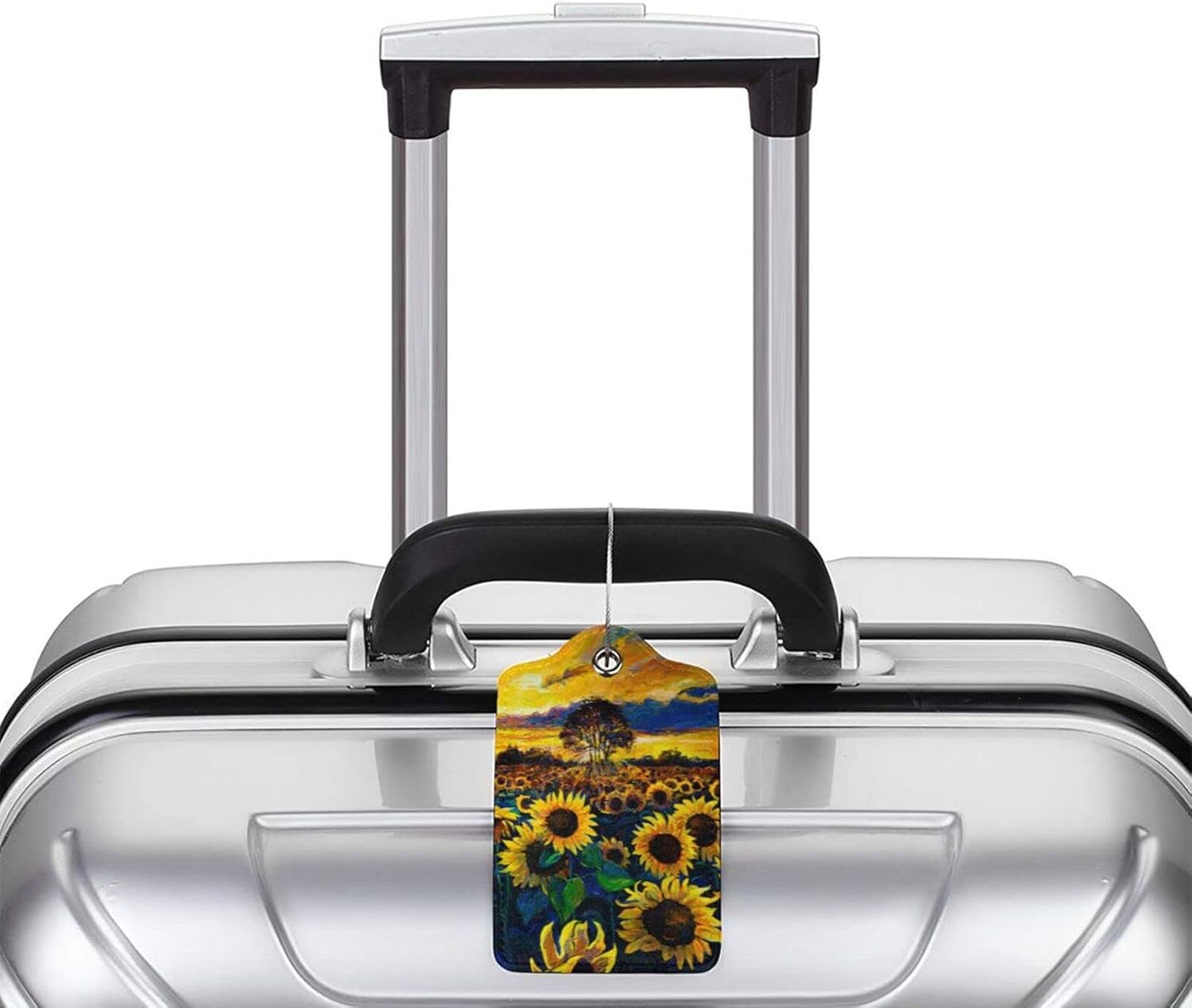 2-Pcs Beautiful Sunflower Leather Luggage Tags for Women Girls Suitcases, Art Yellow Floral Privacy Cover ID Label with Stainless Steel Loop and Address Card for Travel Bag Backpack