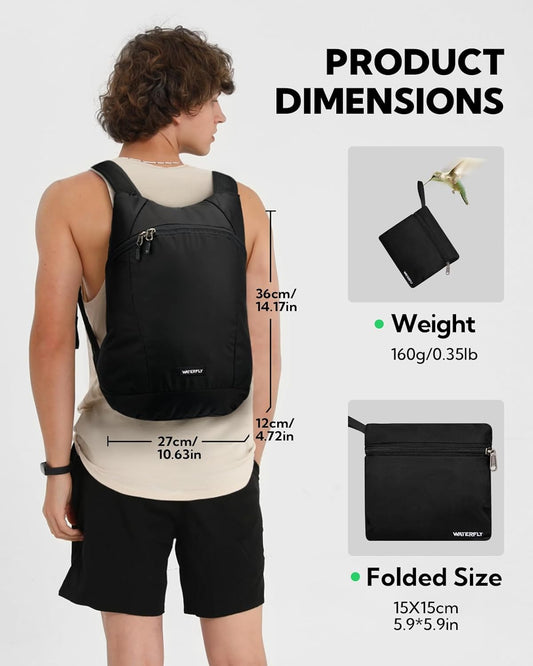 WATERFLY Foldable Lightweight Hiking Backpack: 15L Packable Traveling Daypack Men Women Ultralight Thin Casual Day Pack Bag for Outdoor Sports Camping Beach Park (Black)