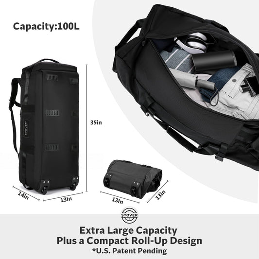 STOVER 100L Rolling Duffel Bag with Wheels, X-Large 32 Inch Durable Travel Duffle + Toiletry Bag, Heavy Duty, Packable w/Shoulder Straps- Use as Luggage or Backpack, Men/Women (Black)
