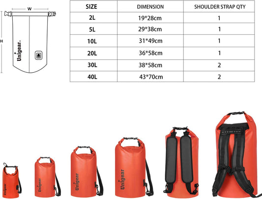 Unigear Dry Bag Waterproof, 2L/5L/10L/20L/30L/40L Floating and Lightweight Bags for Kayaking, Boating, Fishing, Swimming and Camping with Waterproof Phone Case