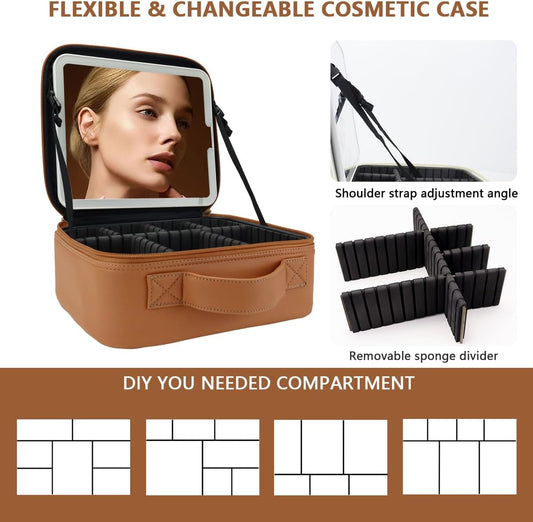 Travel Makeup Bag for Women and Makeup Artists Cosmetic Organizer Large Makeup Case,Travel Makeup Bag with Mirror 3 Color Setting,Portable Storage and Adjustable Dividers(light brown)