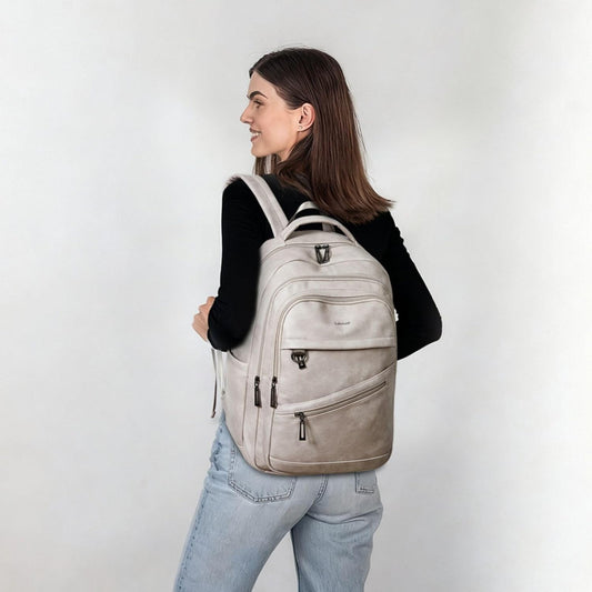 43L Backpack for Women Men - Vegan Leather Backpack Purse Travel Carry-on Bag College Bookbag Work fits 17" Laptop,Ash Gray Retro