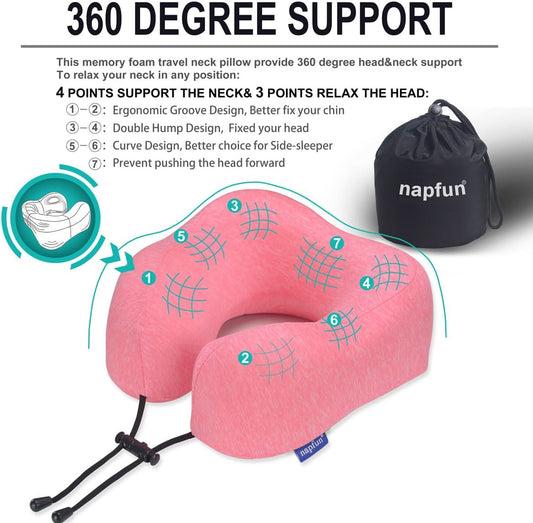 napfun Neck Pillow for Traveling, Upgraded Travel Neck Pillow for Airplane 100% Pure Memory Foam Travel Pillow for Flight Headrest Sleep, Portable Plane Accessories, Rose