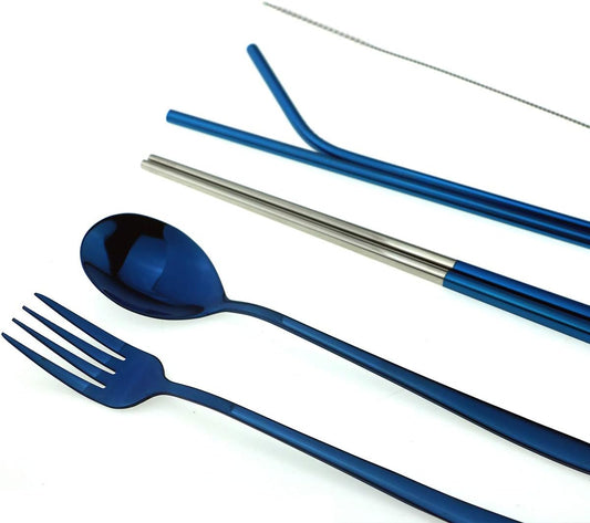 7 Pcs Portable Flatware Set, 304 Stainless Steel Cutlery Set Travel Utensils Set w/Pouch Fork Spoon Chopsticks Straws for Travel Camping Office School, Dishwasher Safe & Eco-Friendly (Blue)