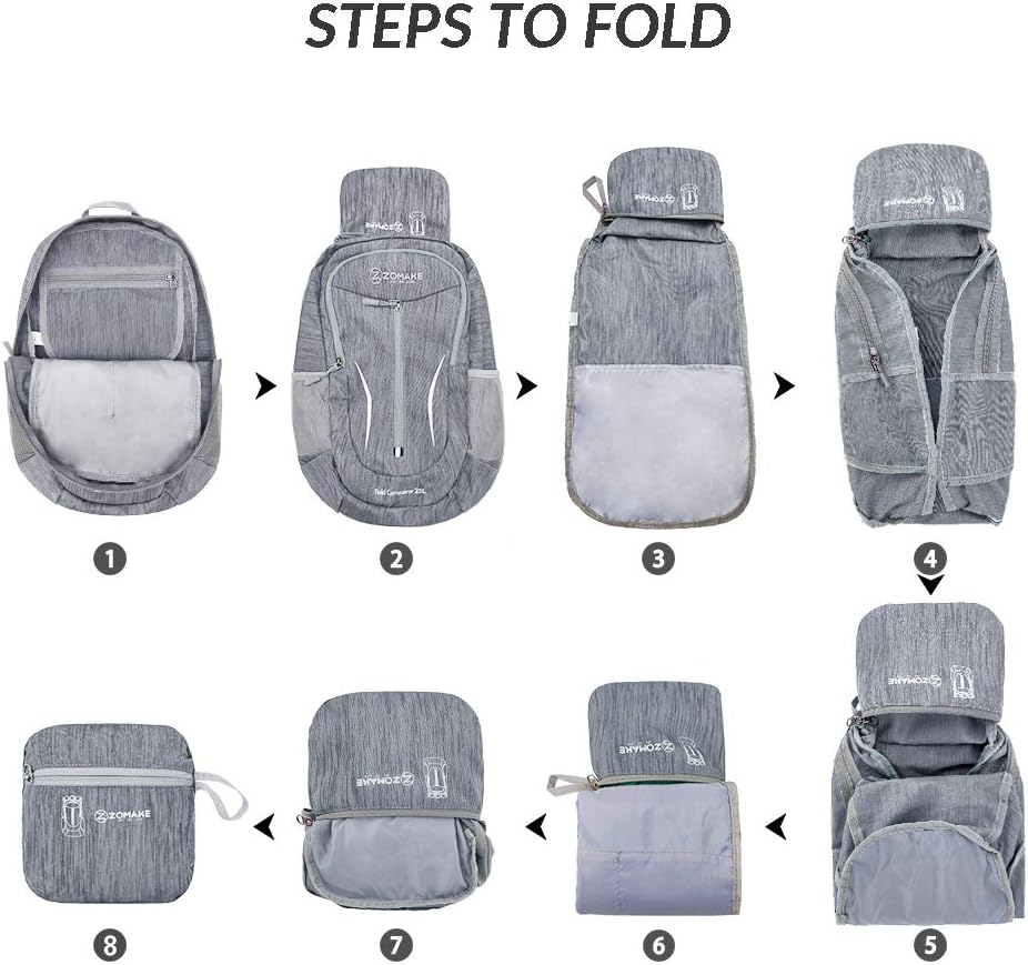 ZOMAKE 25L Ultra Lightweight Packable Backpack, Foldable Hiking Backpacks Water Resistant Small Folding Daypack for Travel(Medium Grey)