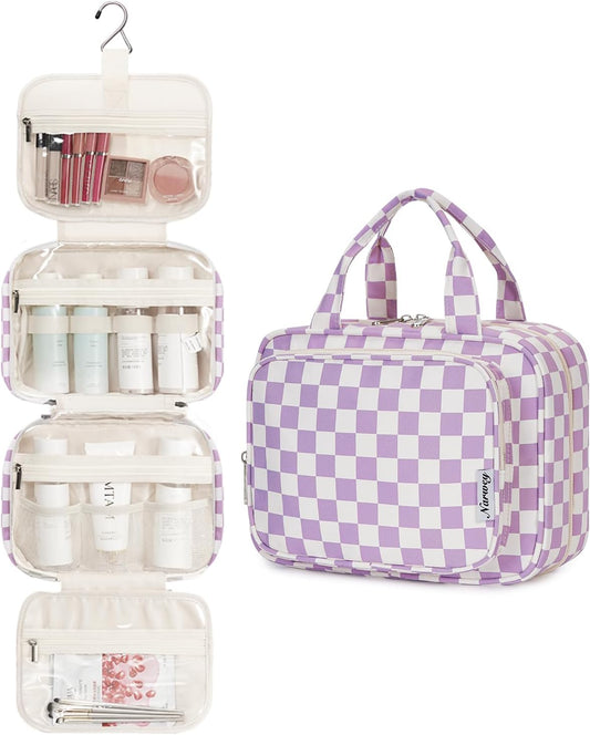 Narwey Hanging Toiletry Bag for Women Travel Makeup Bag Organizer Toiletries Bag for Travel Size Essentials Accessories Cosmetics (Purple Checkerboard (Medium))