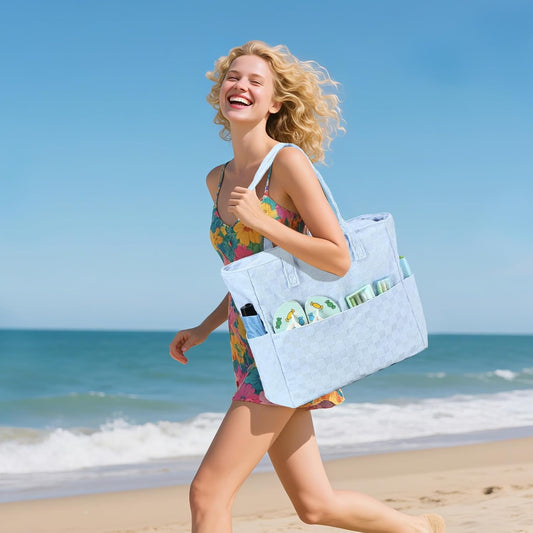 LEDAOU Large Beach Tote Bag Women Waterproof Sandproof Zipper Beach Tote Bag for Pool Gym Grocery Travel with Wet Pocket