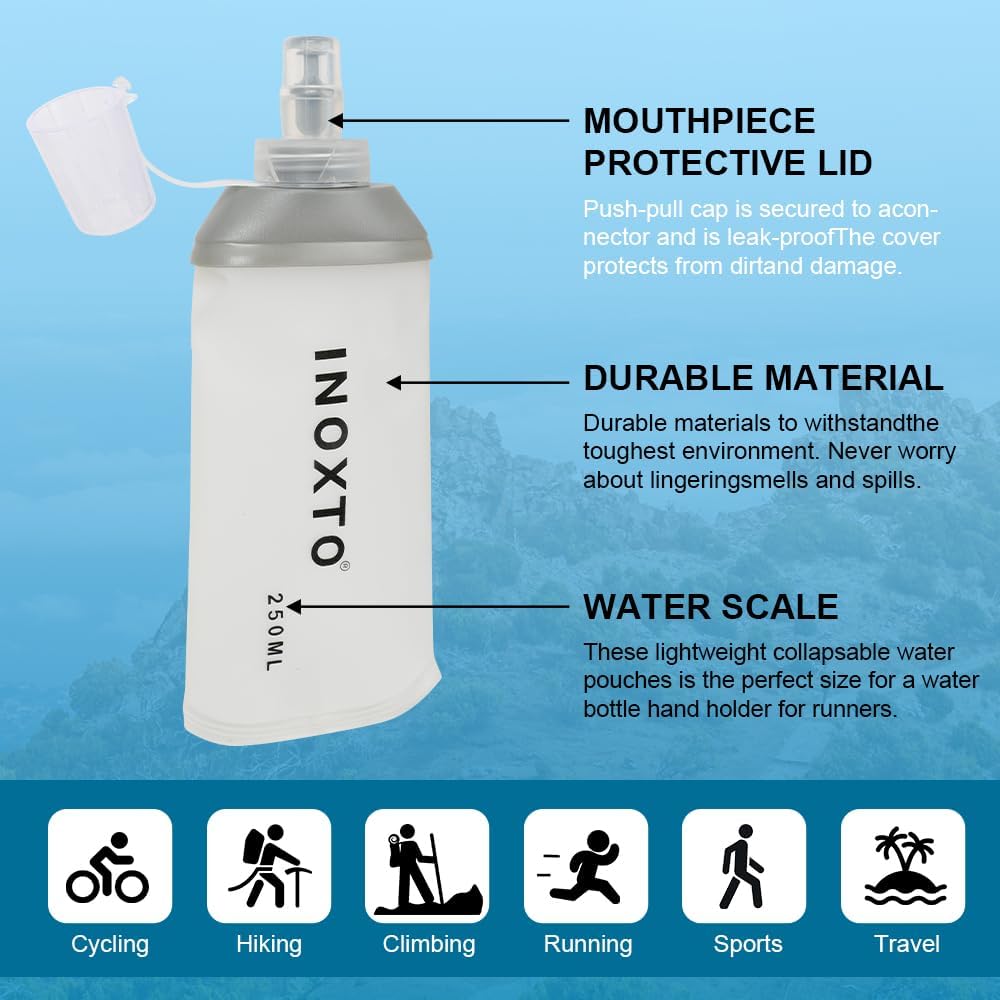 INOXTO Soft Flask,Collapsible Soft Water Bottles for Hydration Vests and Running Packs, Soft Flask Running Bottles for Hiking Cycling(250/500 ml) (2 PCS SMALL)