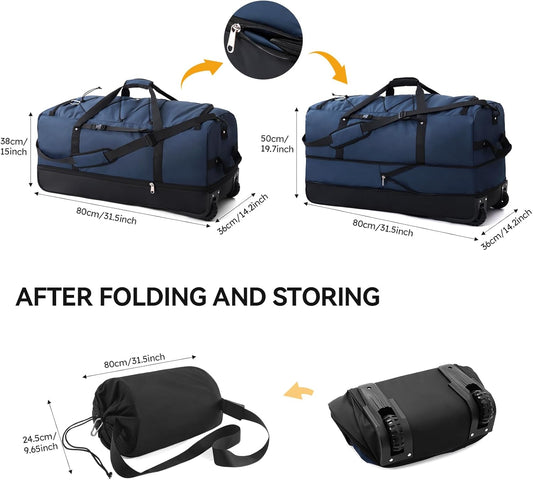CONTAIL 32" Soft-Sided Rolling Duffle Bag with 2 Wheels,Expandable from 110L to 140L, Foldable Travel Duffel with Multiple Compartments,Navy