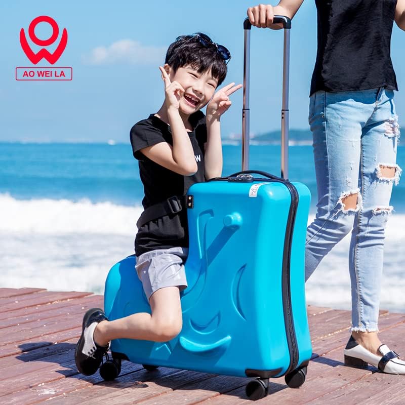 Kids Ride-On Suitcase, Hardside Rolling Luggage with 4 Spinner Wheels, Seat & Safety Belt, Toddler Carry-On for Boys & Girls Ages 2-6, Blue
