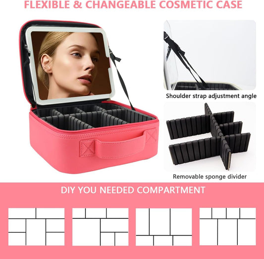 Travel Makeup Bag for Makeup Artists Large Makeup Case,with Mirror 3 Color Setting and Detachable 10x Magnifying Mirror Travel Makeup Bag,Portable Storage and Adjustable Dividers(light red)