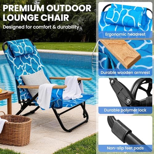 2 Pack Premium 5-Position Reclining Camping Chair Portable Folding Lightweight Outdoor Chair with Wooden Armrests, Headrest & Pockets, 350lbs Heavy Duty for Beach, Patio, Ocean Wave Blue