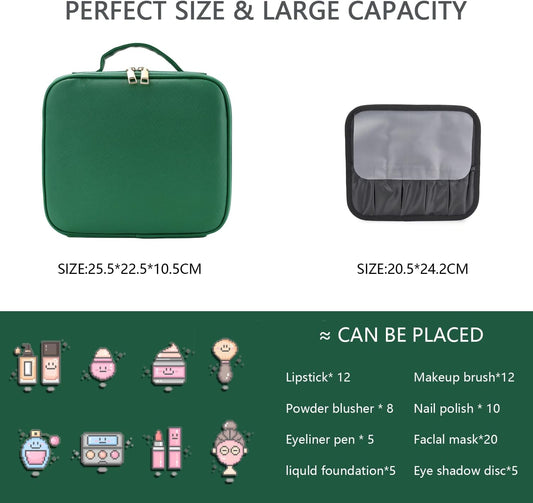 Makeup Bag with Led Mirror,Travel Makeup Organizer with 3 Color Setting & 10X Magnifying Mirror, Portable Storage and Adjustable Dividers Travel Makeup Bag-Dark green