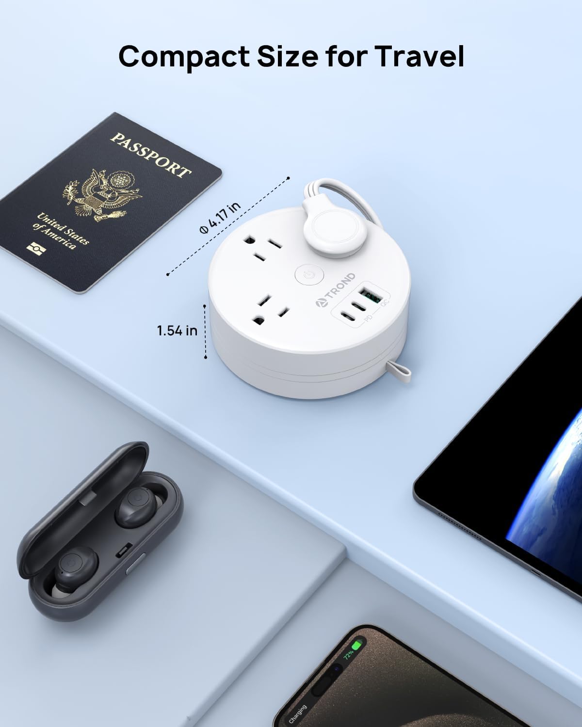 TROND 20W USB C Travel Power Strip - Retractable Extension Cord 5ft Ultra Thin Flat Plug, Power Strip with 3 AC Outlets and USB C Fast Charging, Cruise Ship Essentials, for Home Hotel Dorm Room, White