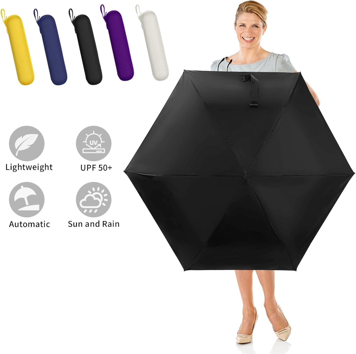 GAOYAING Compact Automatic Travel Umbrella with Case, Mini Small Folding Sun UV, Pocket Purse Umbrella