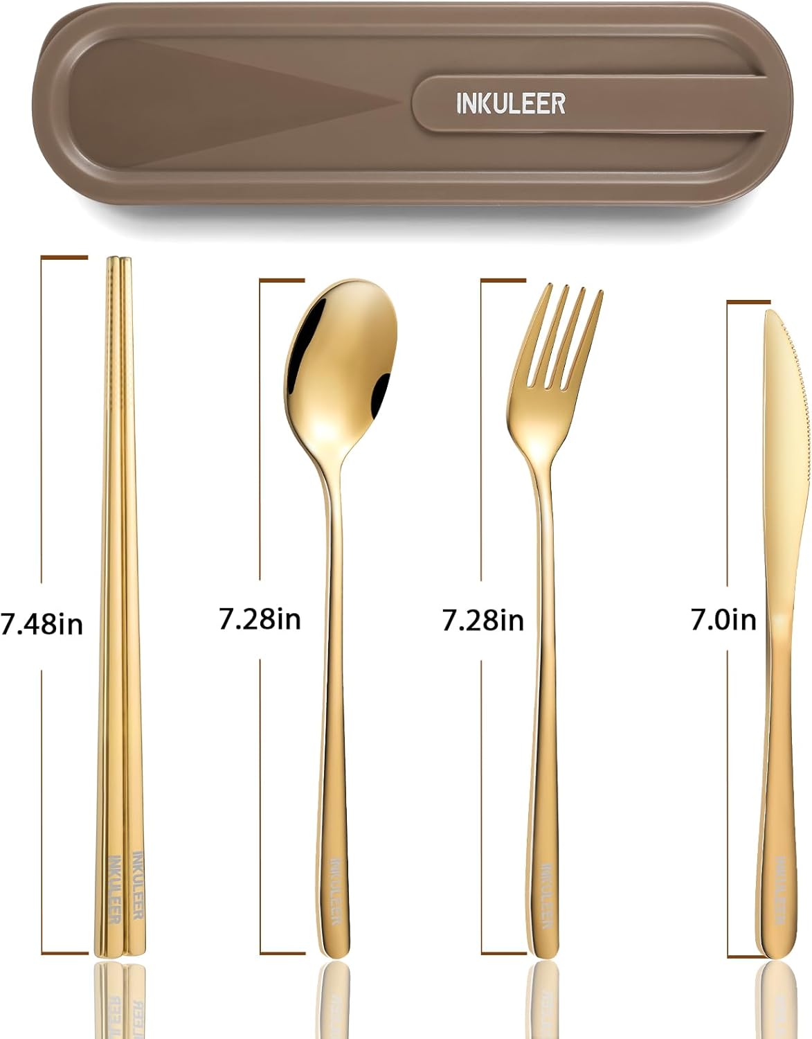 INKULEERTravel cutlery set, 18/8 stainless steel cutlery, Reusable utensils set with case, Portable Silverware Lunch Box for Camping and Office (Rose gold)