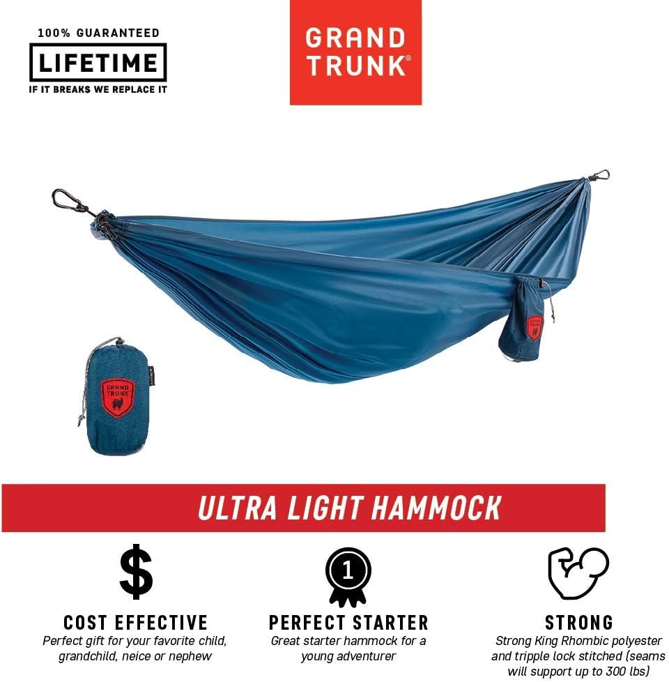 Grand Trunk | Ultralight Camping Hammock | Best Single Size Starter Hammock | Portable for Camping, Hiking, Backpacking, Beach, & Travel (Blue)