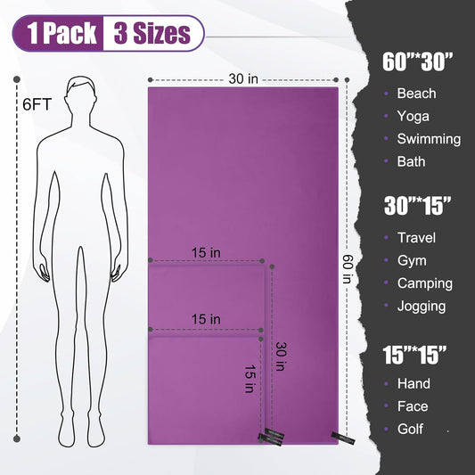 Quick Dry Travel Towel, 3 Sizes 1 Pack Camping Microfiber Towel, Lightweight Fast Drying Towels Set 60"x30", 30"x15", 15"x15" w/Bag for Gym, Beach, Hiking, Swimming, Purple